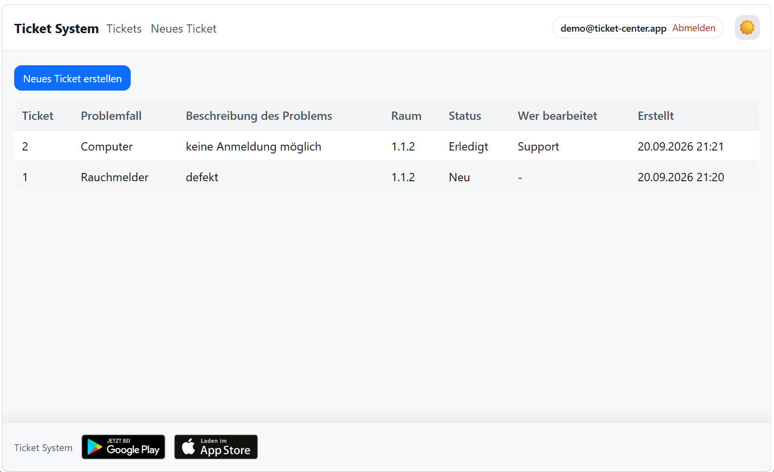 Ticket Center Web Dashboard Übersicht